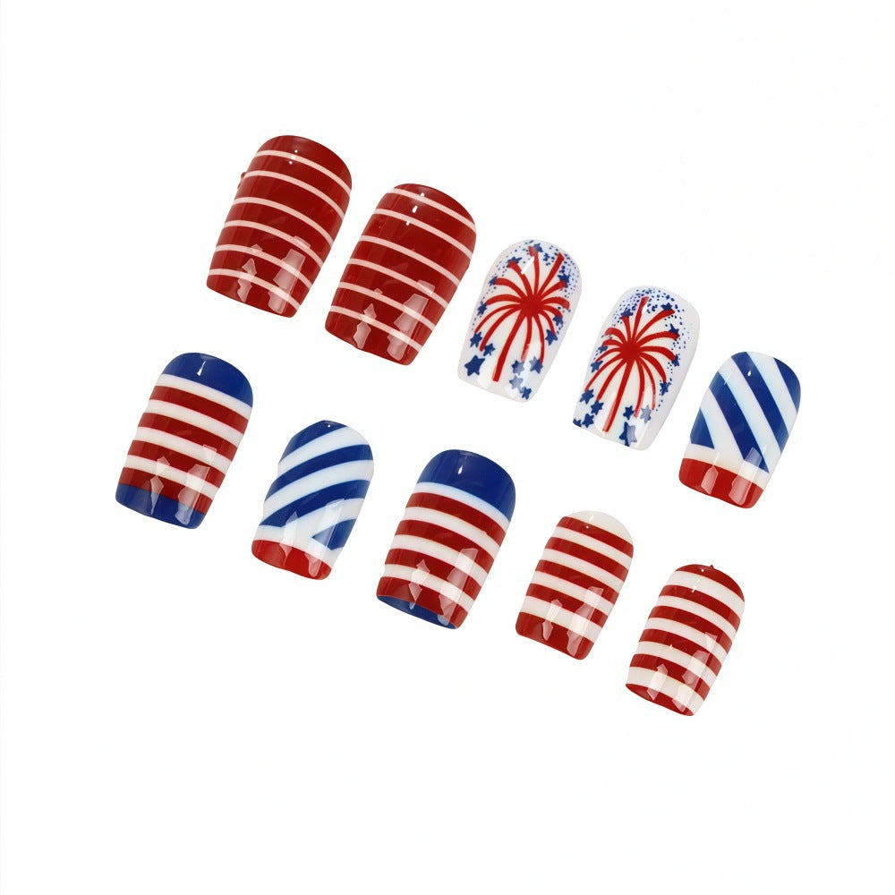 Patriotic Glamour Short Square Red and White Striped Design with Fireworks Feature Press On Nail Set