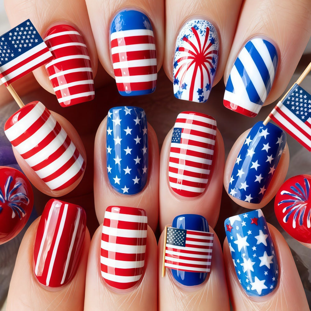 Patriotic Glamour Medium Coffin Red and Blue Striped Nail Set