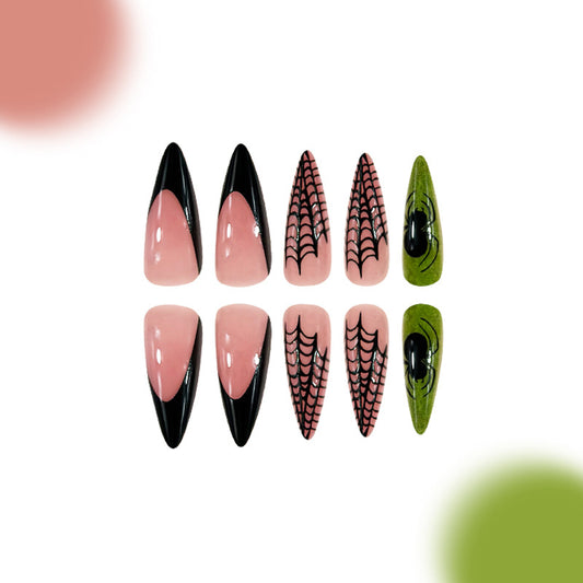 Spooky Glam Long Stiletto Press On Nail Set Pink Black and Green with Spider and Spiderweb Design