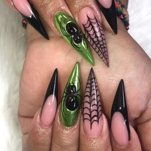 Halloween Glamour Long Stiletto Black and Green Press On Nail Set with Spooky Spider Design