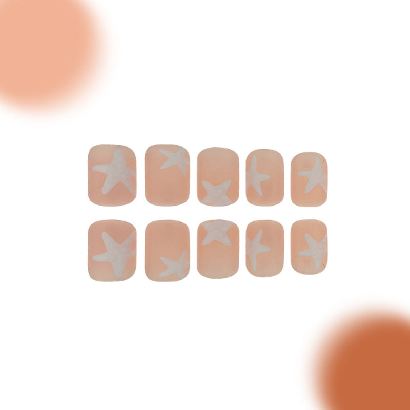 Beach Vibes Square Medium Beige Press On Nail Set with White Starfish Design