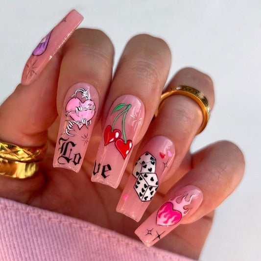 Whimsical Charm Long Square Pink Nails with Fun Love and Heart Designs