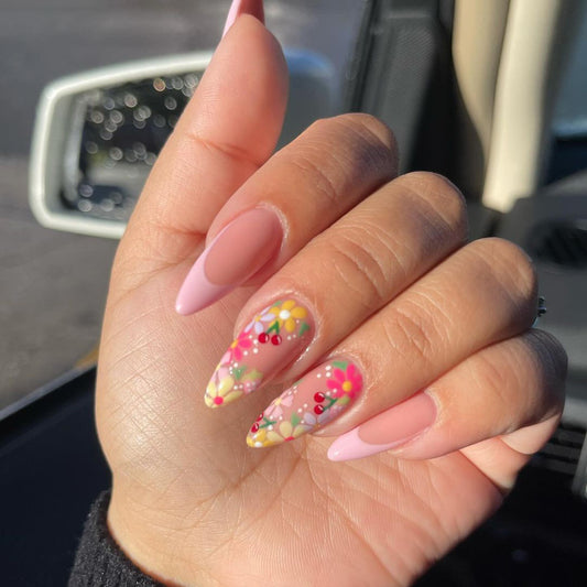 Spring Blossom Long Stiletto Pastel Pink Press On Nails with Floral Confetti Accents