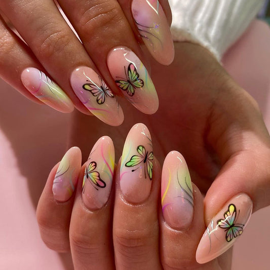 Spring Elegance Medium Oval Pastel Rainbow Butterfly Press On Nail Set