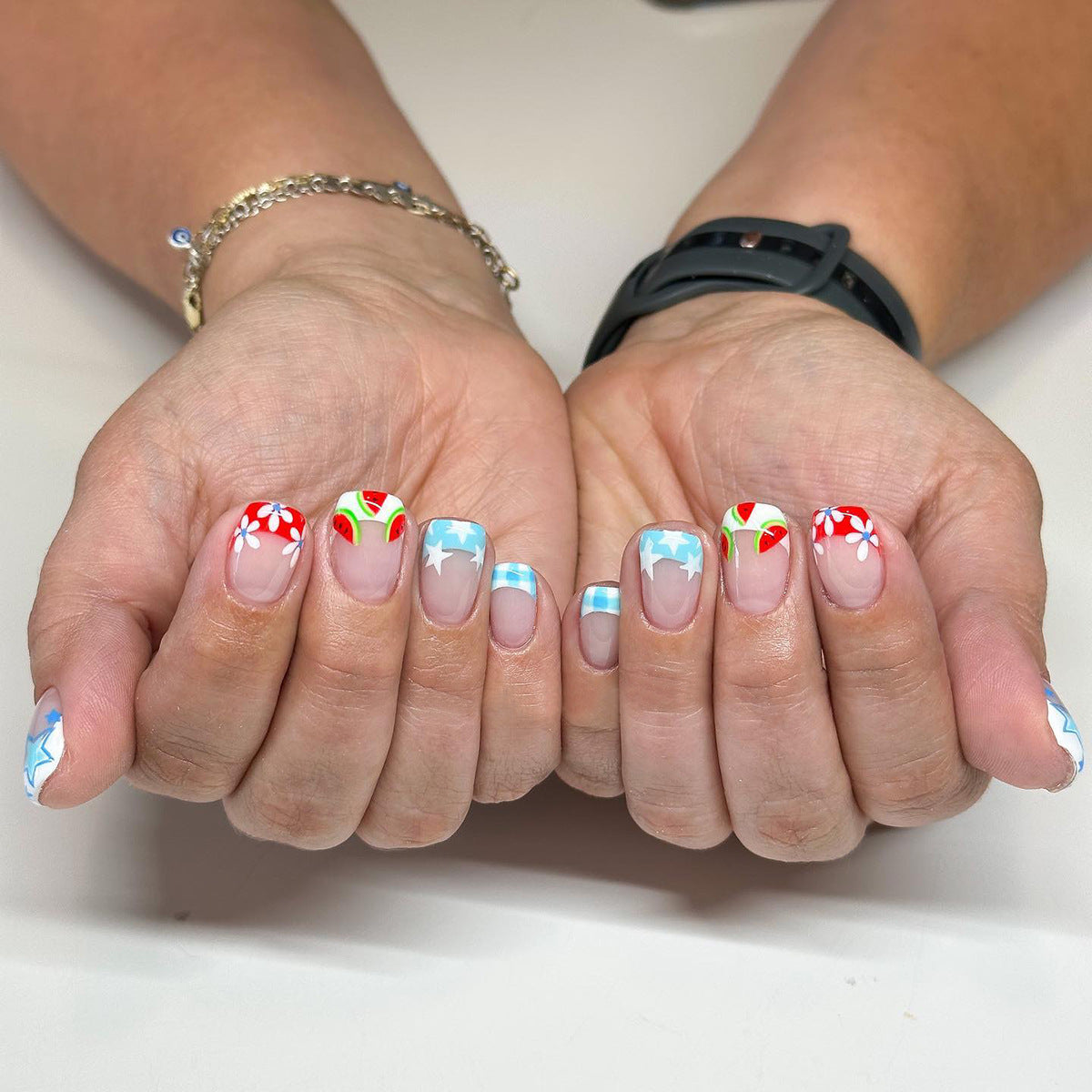 Summer Fun Short Length Square Shape Pastel Blue and Pink Press On Nails with Beach Umbrella Accents