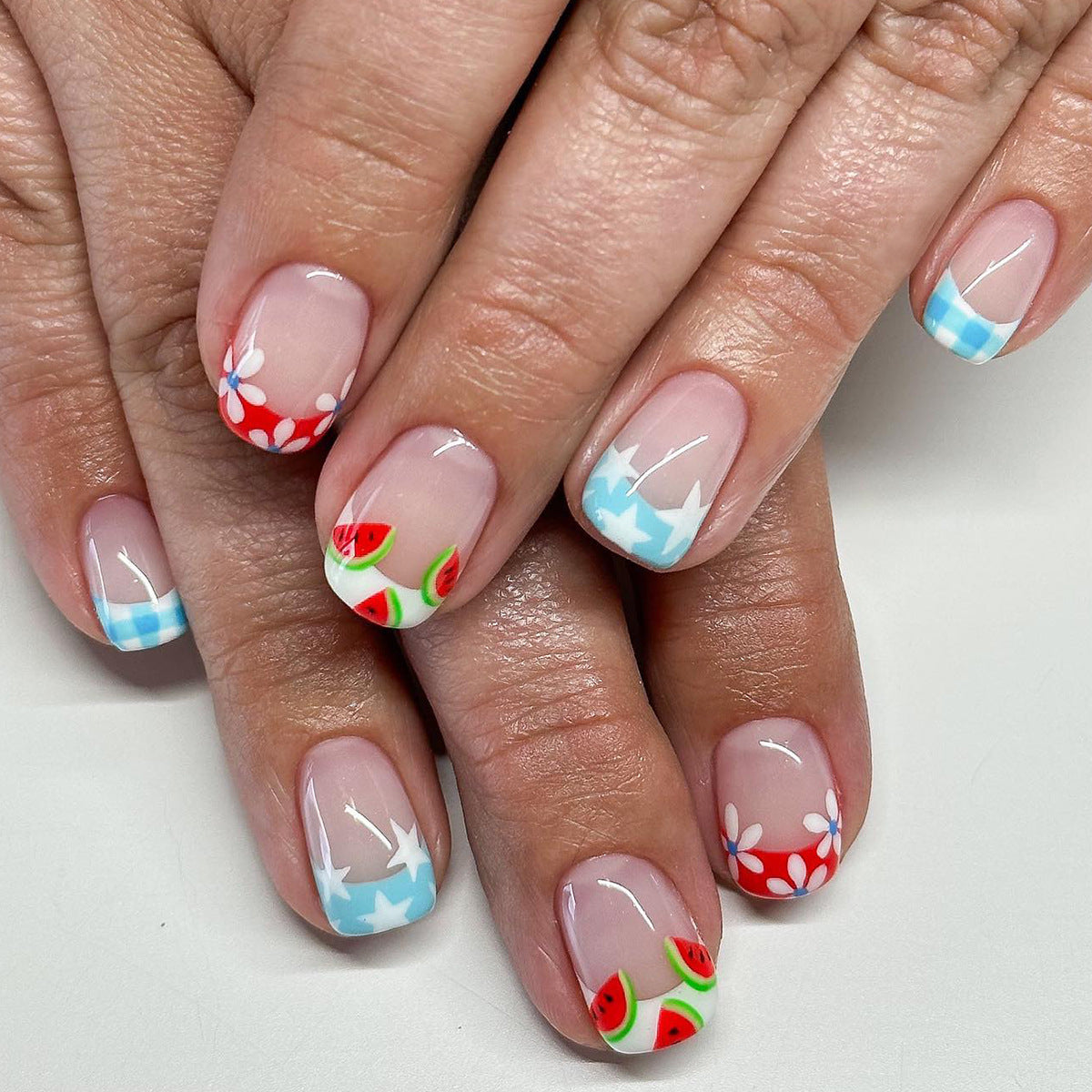 Summer Vibes Short-Length Squoval Press-on Nails in Pastel Tones with Fruit and Floral Patterns
