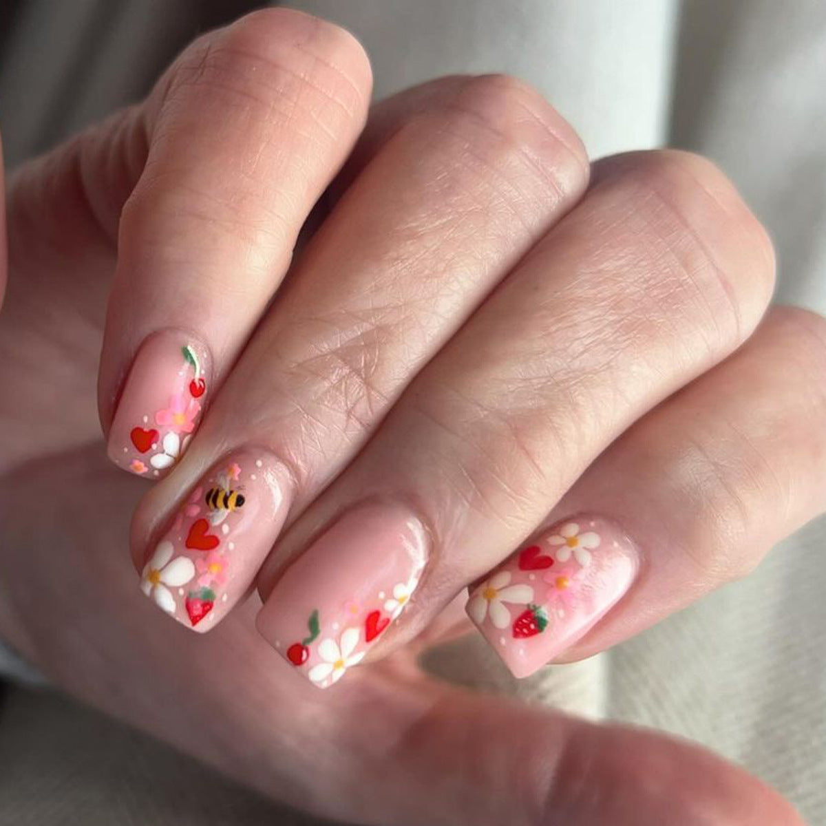 Enchanted Garden Medium-Length Square-Shaped Pink Press On Nail Set with Floral and Bee Accents