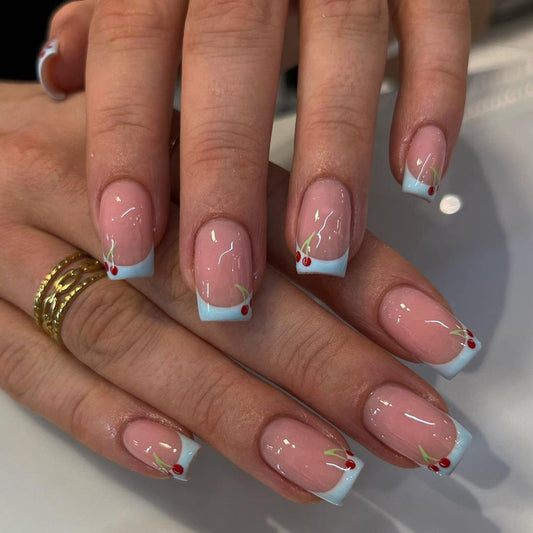 Cherry Blossom Festival Medium Square Tip Press On Nails Pink Base with White Tips and Floral Accents