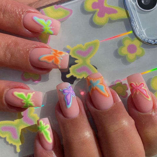Butterfly Kisses Medium Square Peach Press On Nail Set with Neon Accents and Glow-in-the-Dark Design
