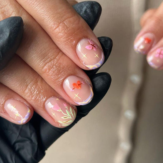 Enchanted Garden Short Oval Pastel Pink Press On Nail Set with Floral Accents