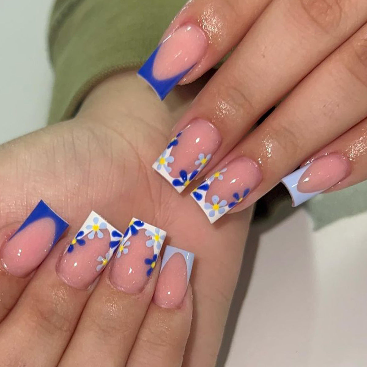 Spring Blossom Long Square Pink and Blue Floral Press On Nail Set