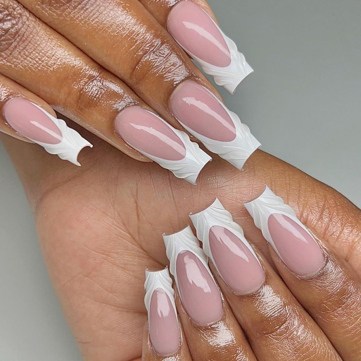 Elegant Blossom Long Coffin Pink Press On Nails with White Flame Accents