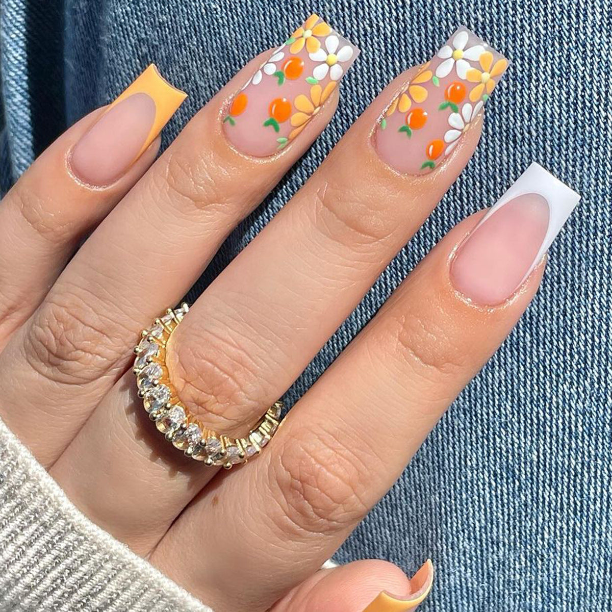 Autumn Elegance Long Coffin Orange Floral Press On Nail Set with White Accents