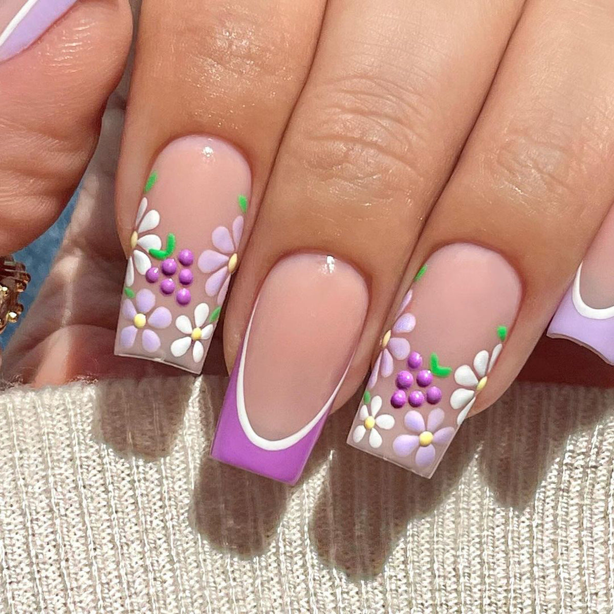Spring Blossom Collection Long Square Shape Lavender and White Floral 3D Embellished Press On Nail Set