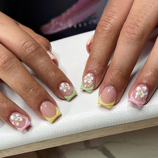 Tropical Bliss Short Square Pastel Nail Set with Charming Floral Designs
