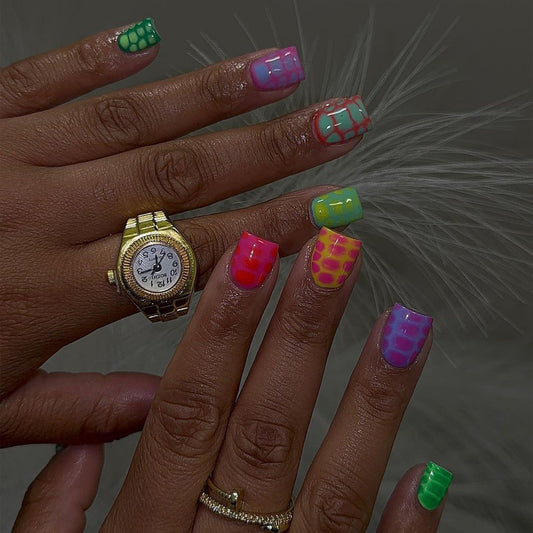 Vibrant Jungle Theme Short Square Neon Colorful Textured Press On Nail Set