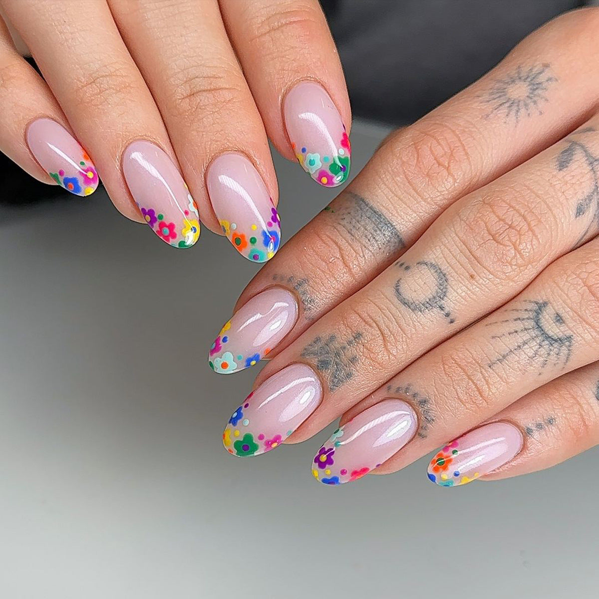 Festival Fun Long Almond Pink Press on Nails with Colorful Confetti Accents