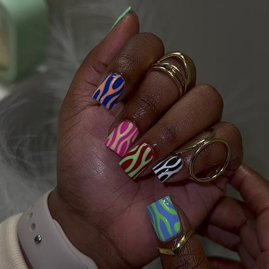 Vibrant Wave Medium Square Press On Nail Set with Bold Abstract Design in Multicolor Patterns
