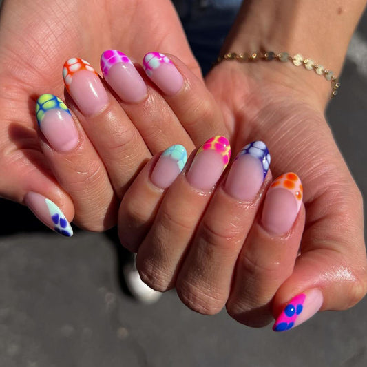 Radiant Ocean-Inspired Medium Almond Shaped Colorful Pastel Floral Press On Nail Set
