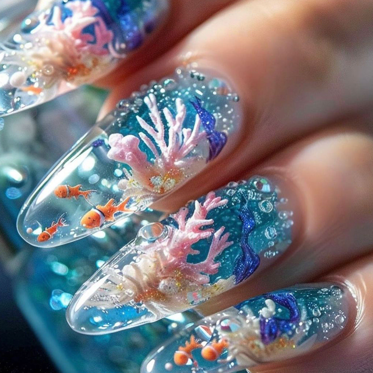 Underwater Fantasy Long Almond Transparent Blue with Coral Reef and Fish Detail Nail Set