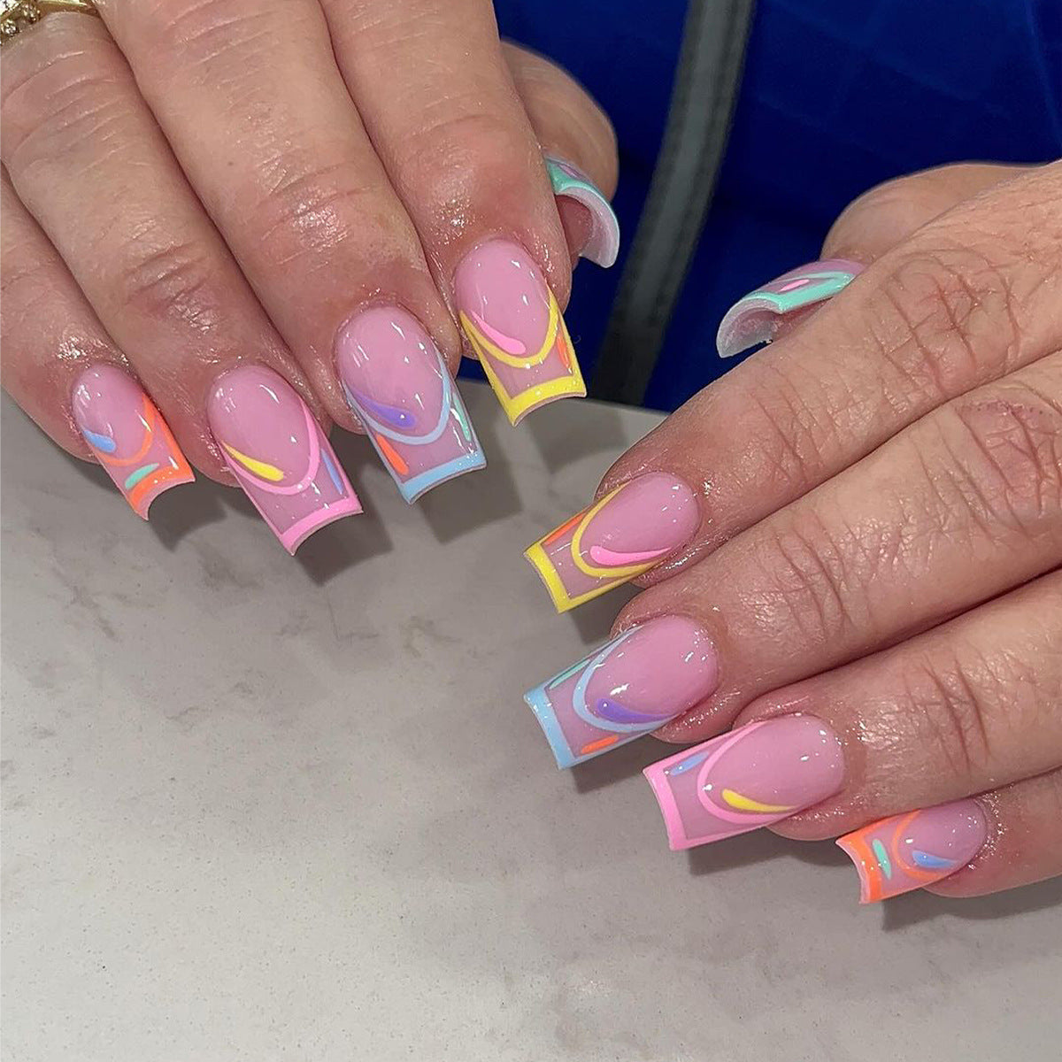 Vibrant Dreamscape Medium Square Pink Press On Nail Set with Colorful Swirl Design