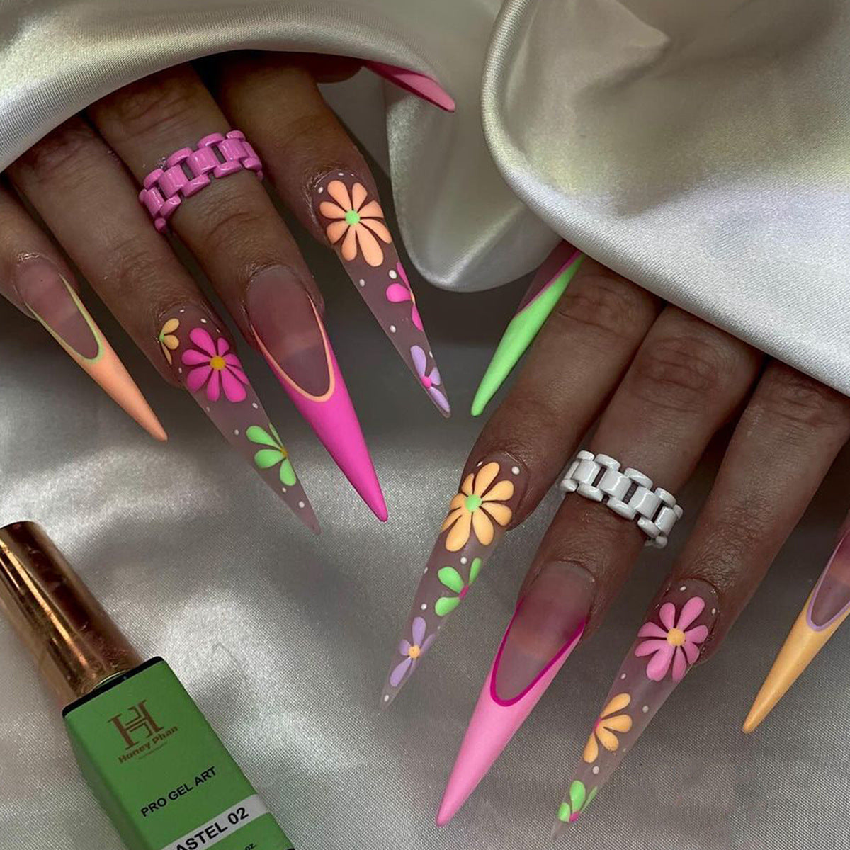 Blooming Elegance Long Stiletto Vibrant Pink with Floral Design Press-On Nail Set