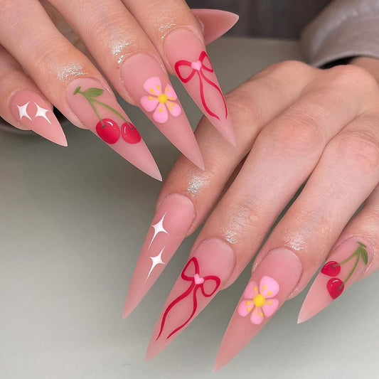 Cherry Blossom Dream Long Stiletto Pink Press On Nails with Floral and Bow Accents