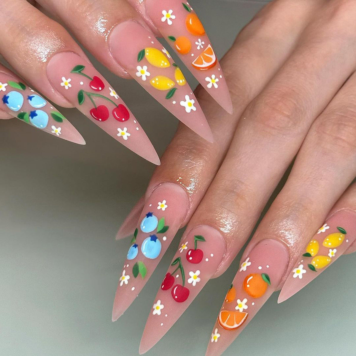 Fruit Fiesta Extra Long Stiletto Peachy Press On Nail Set with Vibrant Floral Designs
