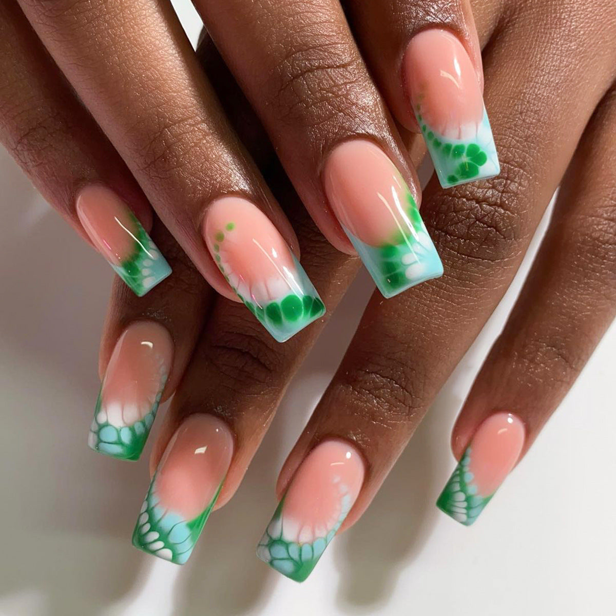 Ocean Breeze Square Press On Nail Set in Medium Length with Gradient Mint Green and Tropical Floral Accents