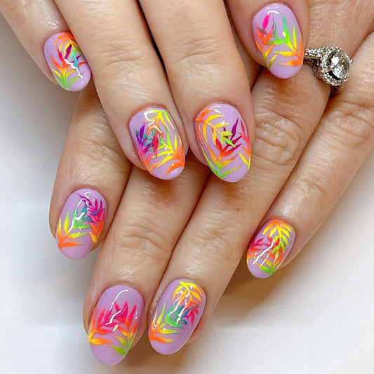 Tropical Paradise Medium Almond Lavender Press On Nail Set with Vibrant Leaf Artwork