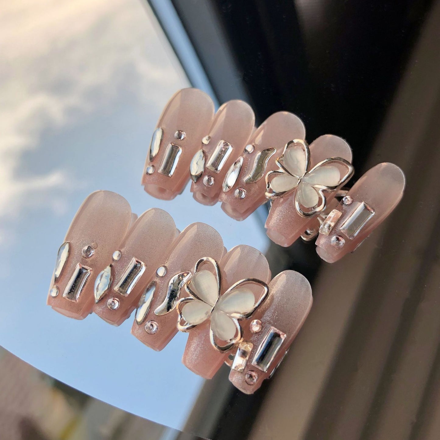 Whimsical Butterfly Garden Long Coffin Pink Press On Nail Set with Crystal Accents