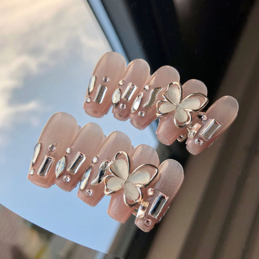 Whimsical Butterfly Garden Long Coffin Pink Press On Nail Set with Crystal Accents