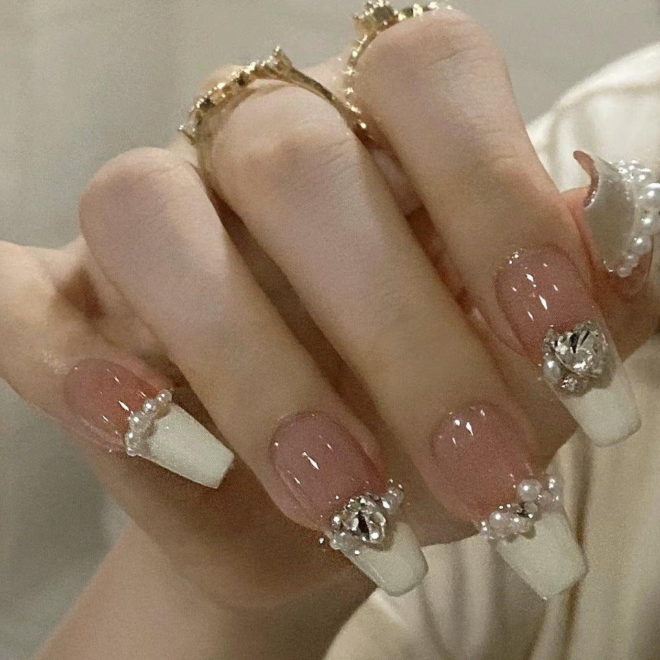 Elegant Pearl Fantasy Long Coffin Gradient Pink and White Press On Nail Set with Stunning Jewel Accents