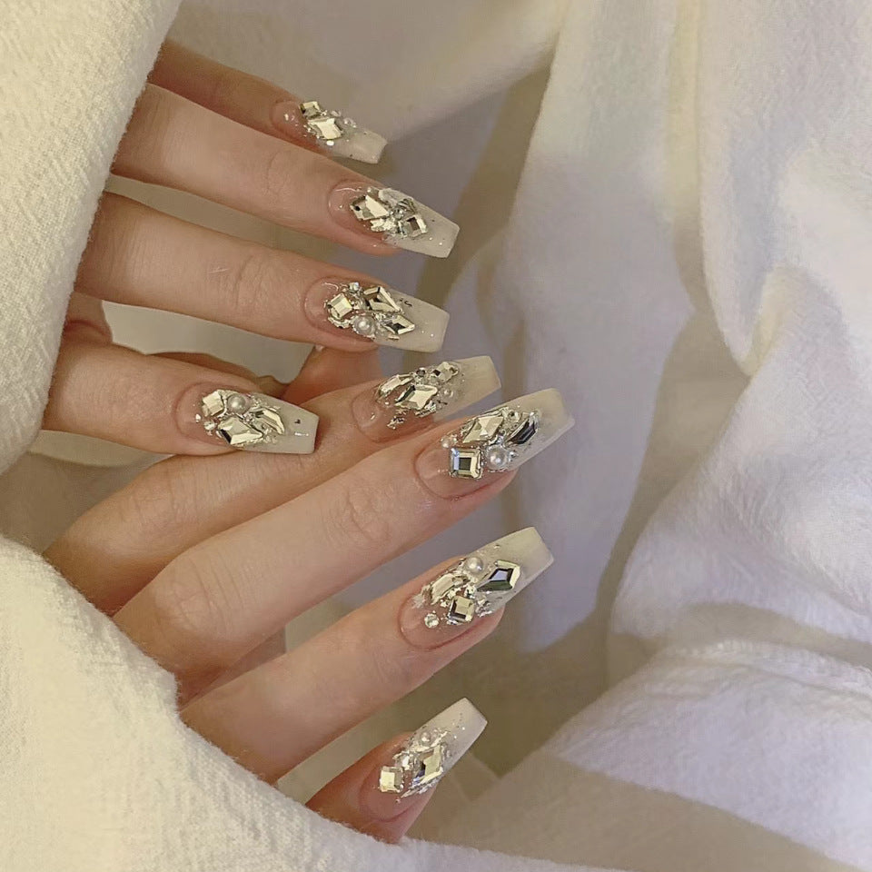 Glamorous Crystal Chic Long Coffin Clear Acrylic Press On Nail Set with 3D Bling Accents