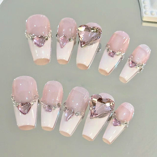 Romantic Rose Quartz Long Coffin Press On Nail Set with Heart Shaped Gemstones and Elegant Blush Pink Color