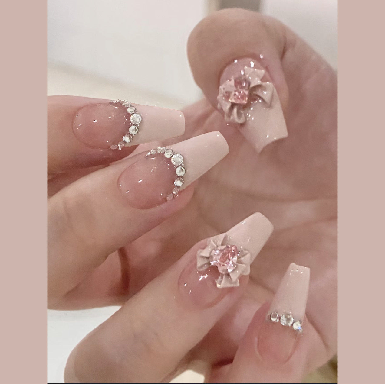 Blossom Elegance Long Coffin Pink Press On Nail Set with Rhinestones and Floral Accents