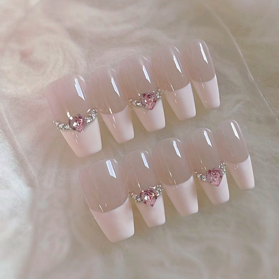 Romantic Blush Long Coffin Press On Nail Set in Pink with Heart Accents and Sparkling Gems