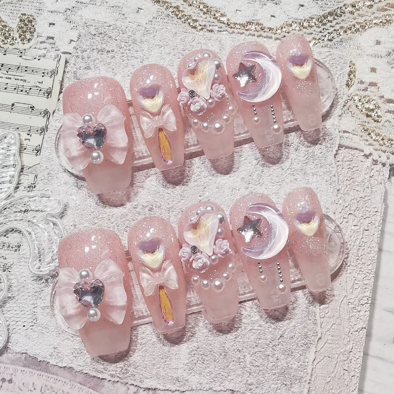 Celestial Romance Extra Long Coffin Pink Press On Nail Set with Glitter and 3D Embellishments