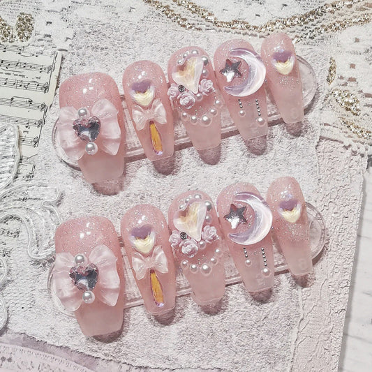 Celestial Romance Extra Long Coffin Pink Press On Nail Set with Glitter and 3D Embellishments