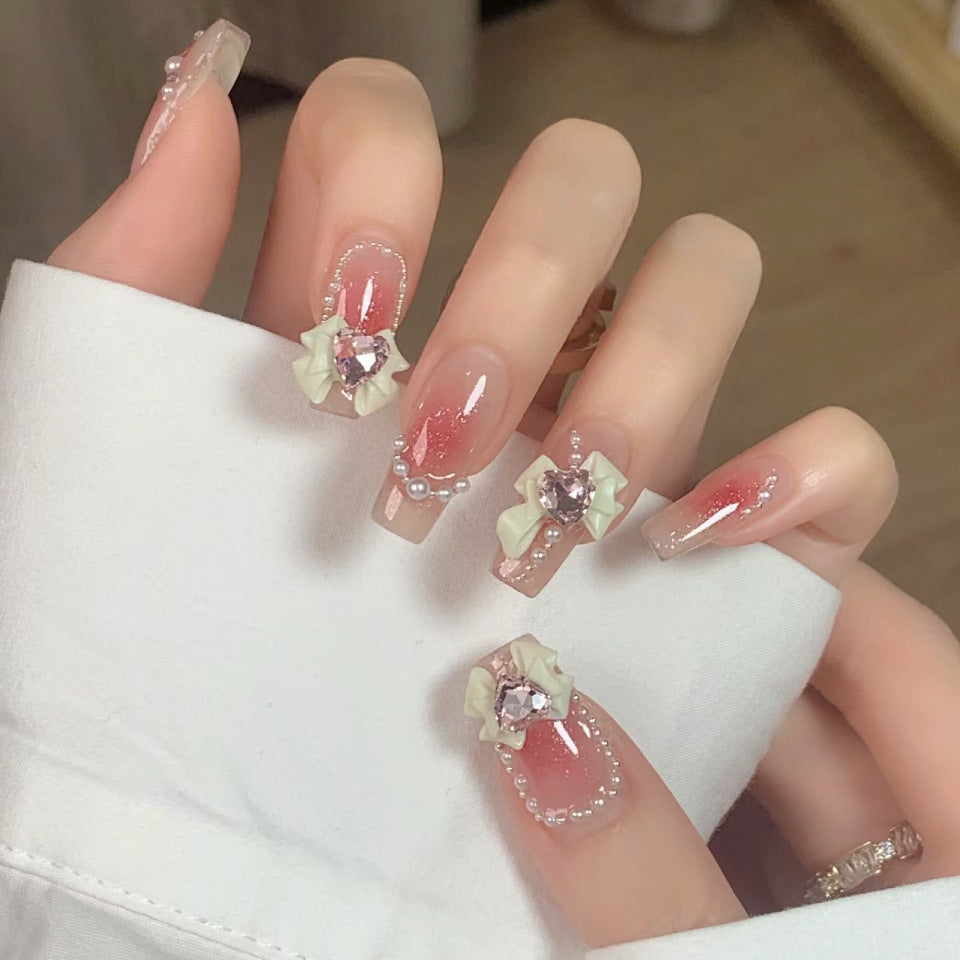 Romantic Garden Long Coffin Pink Ombre Press On Nail Set with Charming Floral Embellishments