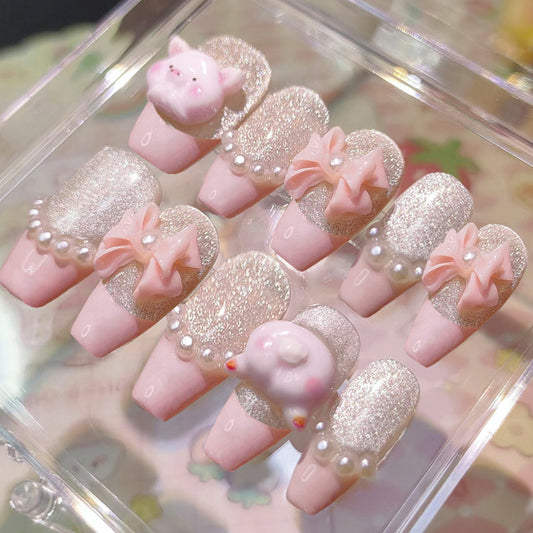 Cute Pink Piggy Paradise Long Coffin Press On Nail Set with Sparkling Glitter and Bow Detail