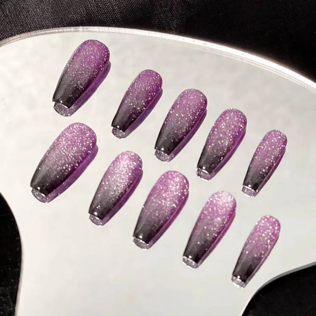 Glamorous Twilight Glitter Long Coffin Shaped Gradient Purple Press On Nail Set with Sparkling Finish
