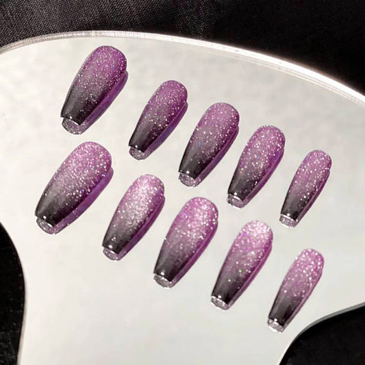 Glamorous Twilight Glitter Long Coffin Shaped Gradient Purple Press On Nail Set with Sparkling Finish
