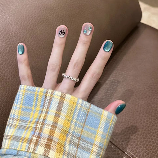 Celestial Dream Ombre Short Oval Teal Press On Nail Set with Unique Star and Symbol Designs