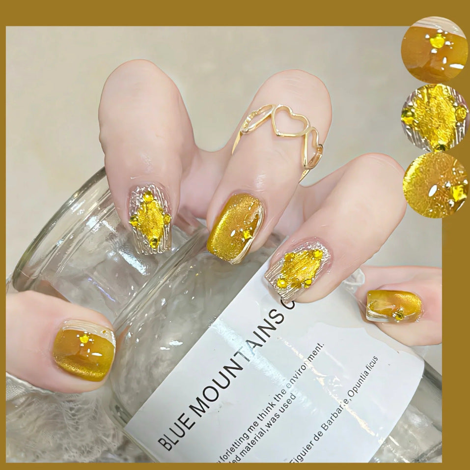 Golden Desert Oasis Elegant Short Square Press On Nail Set with Glittering Gemstone Accents