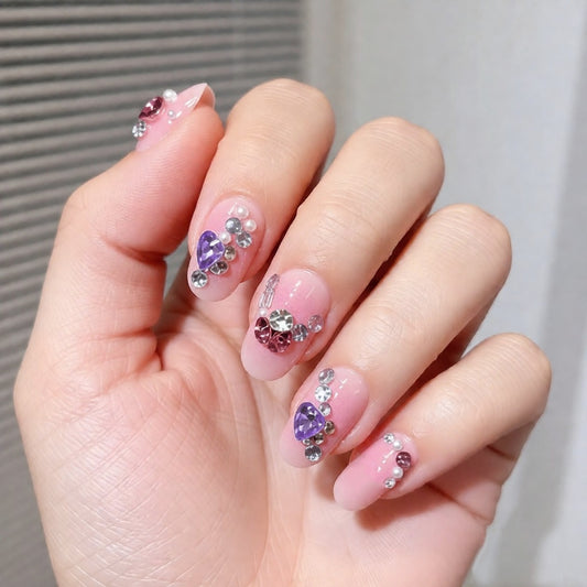 Sparkling Fairy Elegance Short Oval Pink Press-On Nail Set with Glamorous Rhinestone Accents