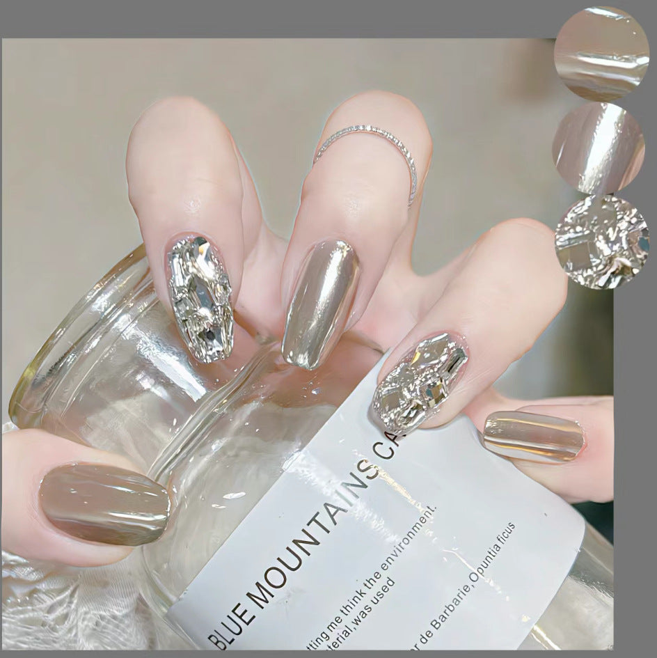 Glamorous Shimmer Long Oval Beige and Silver Gemstone Press On Nail Set for Stunning Nail Art Makeover