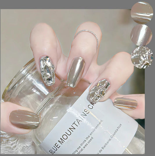 Glamorous Shimmer Long Oval Beige and Silver Gemstone Press On Nail Set for Stunning Nail Art Makeover