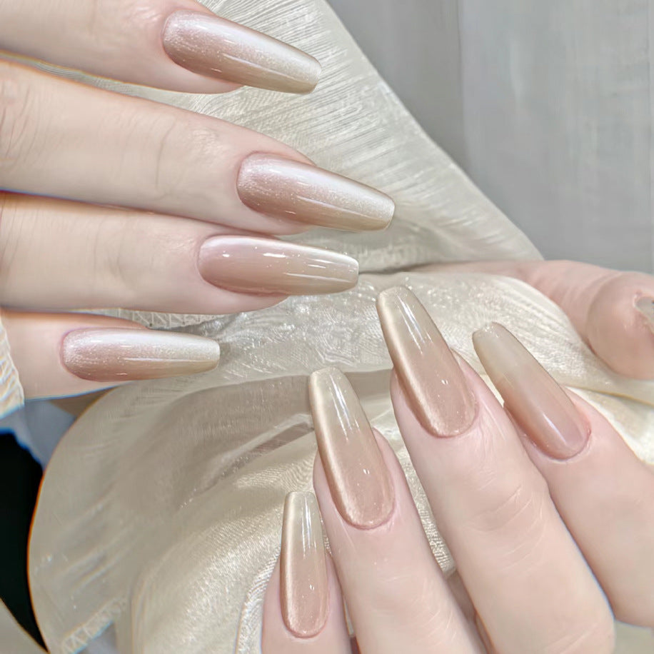 Elegant Bliss Extra Long Coffin Shape Ombre Beige Press On Nail Set with Shimmer Finish