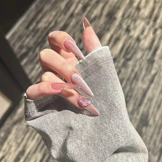 Glamorous Fairy Tale Stiletto Press On Short Nails Soft Pink Glitter with Heart Accent